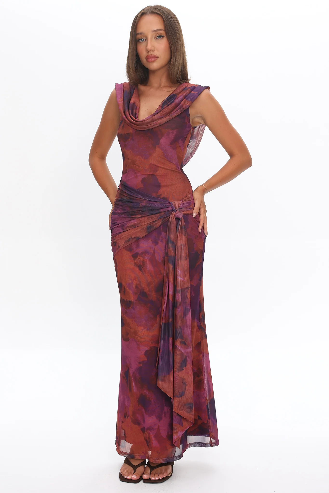 Virgo Season Draped Shoulder Maxi Dress Dark Rose - Image 5
