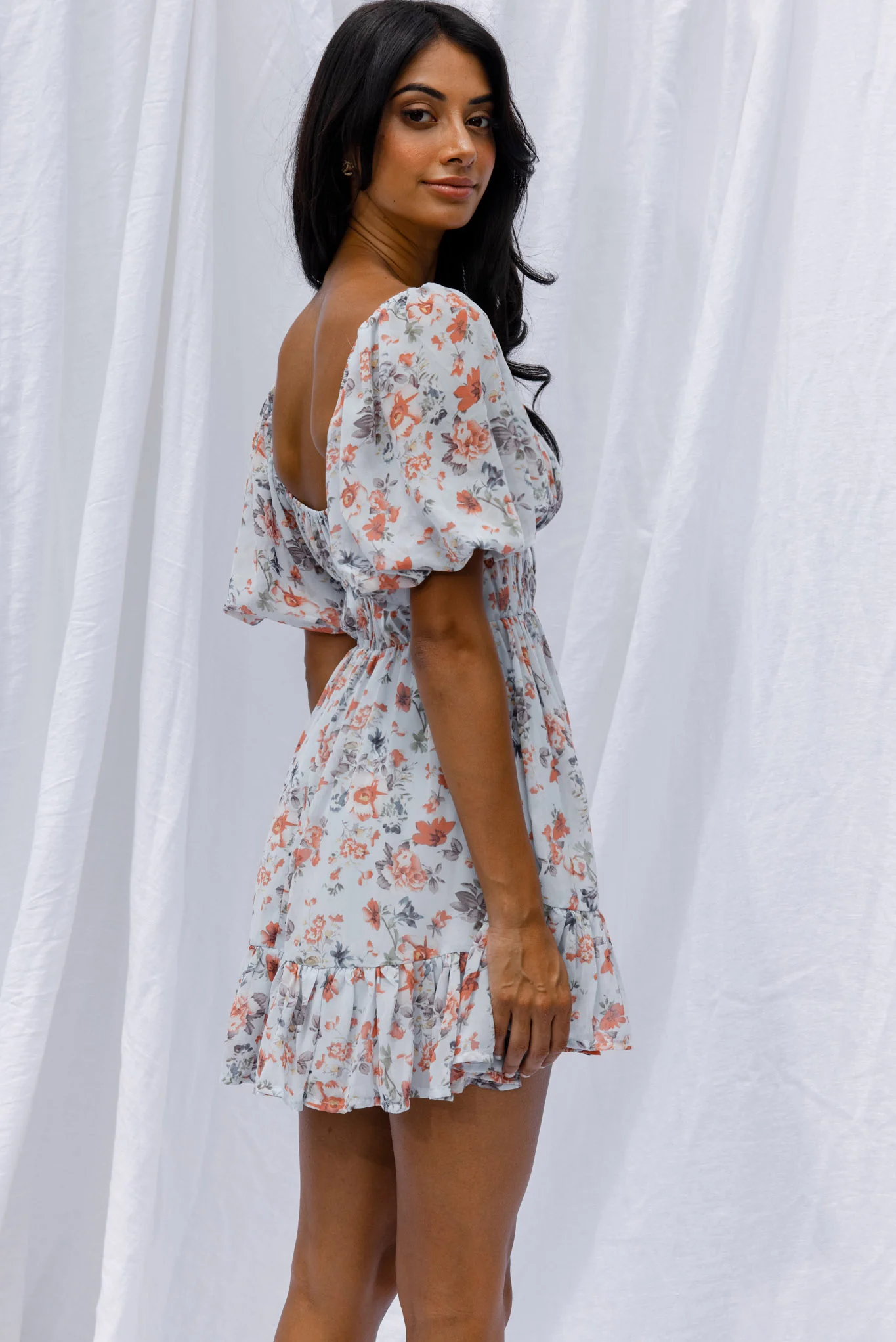 Vista Del Mar Tied Bust Mini Dress Floral Steel Blue - Image 2