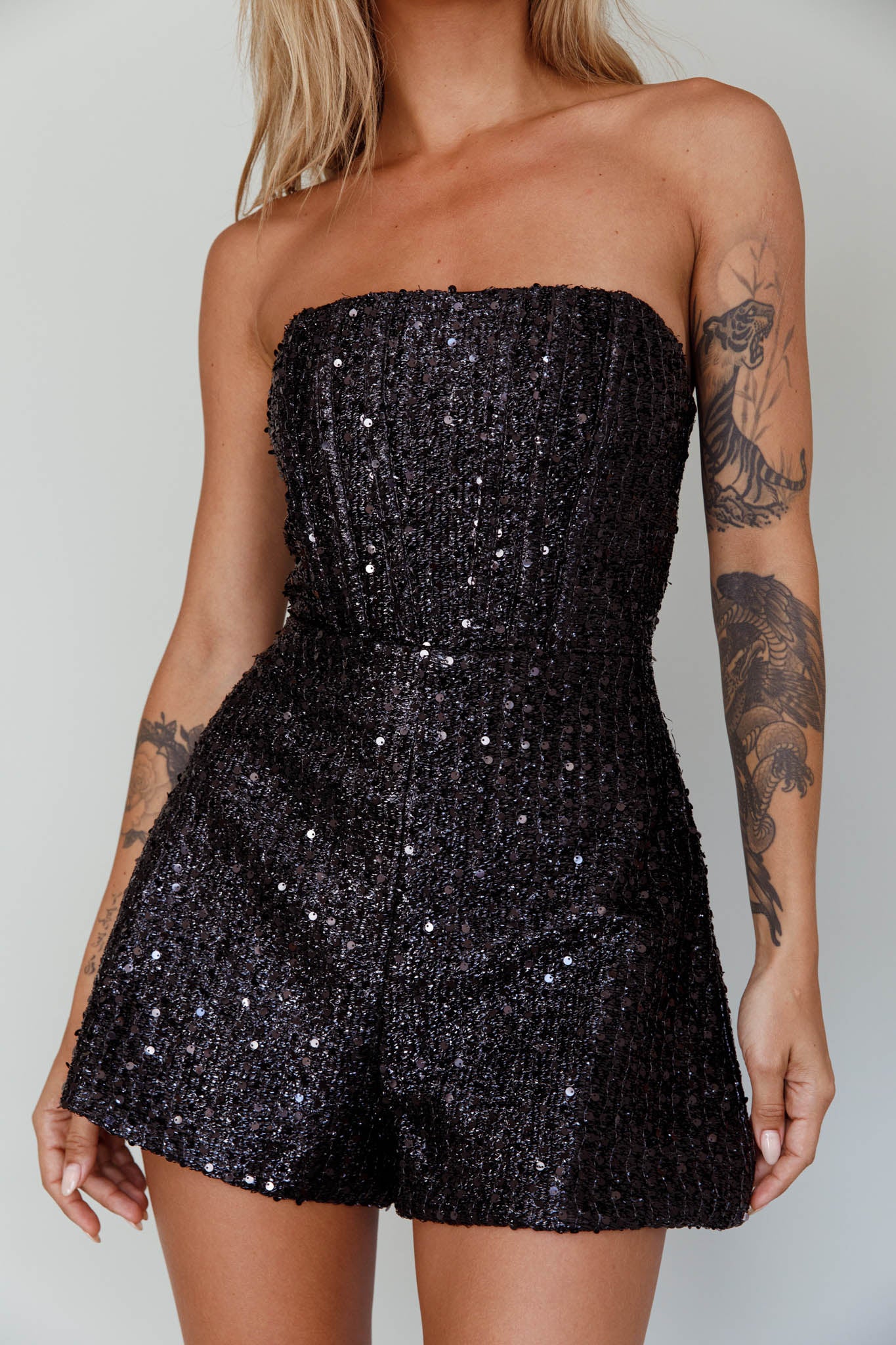 Vivid Dreams Strapless Sequin Romper Black - Image 4
