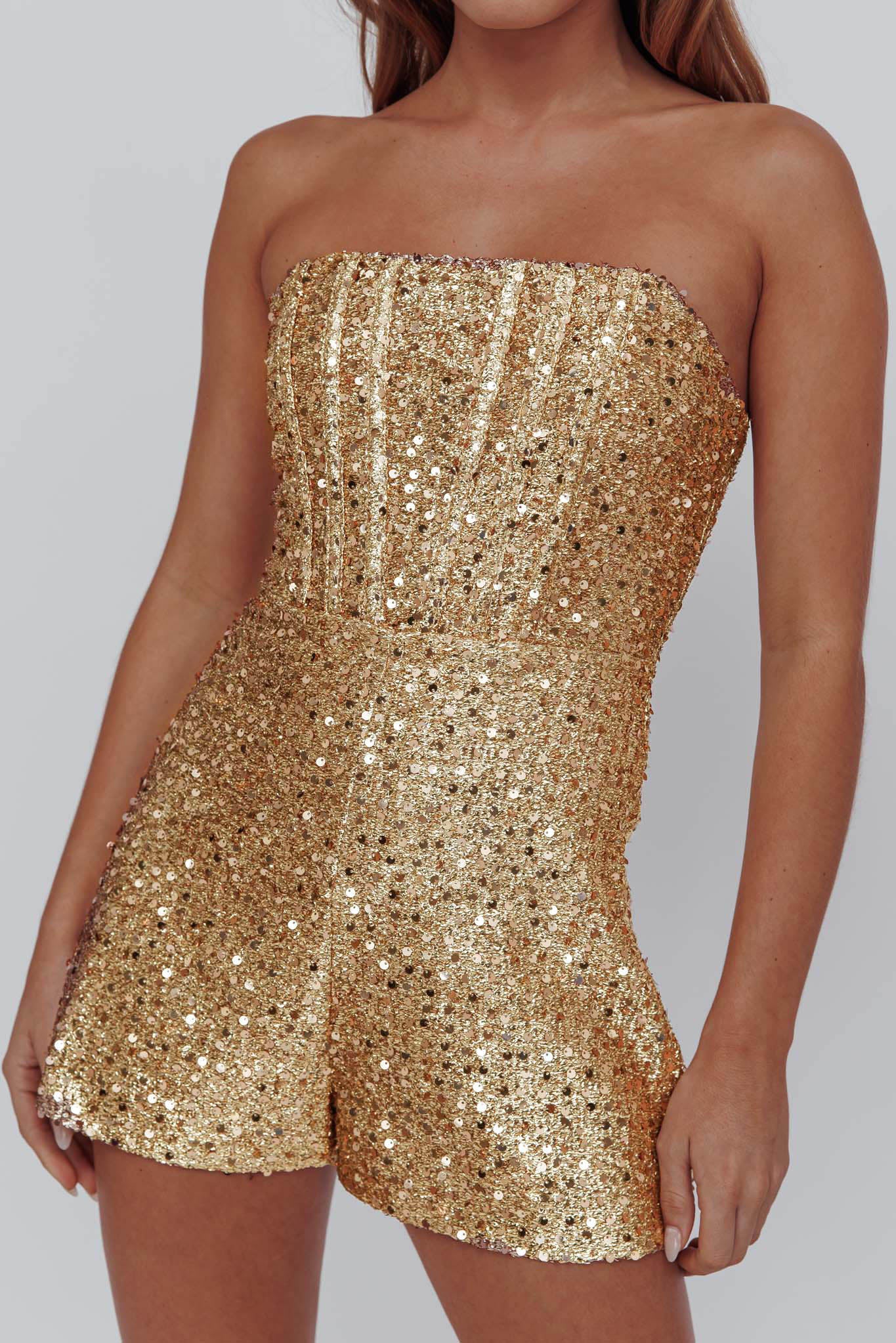 Vivid Dreams Strapless Sequin Romper Gold - Image 4