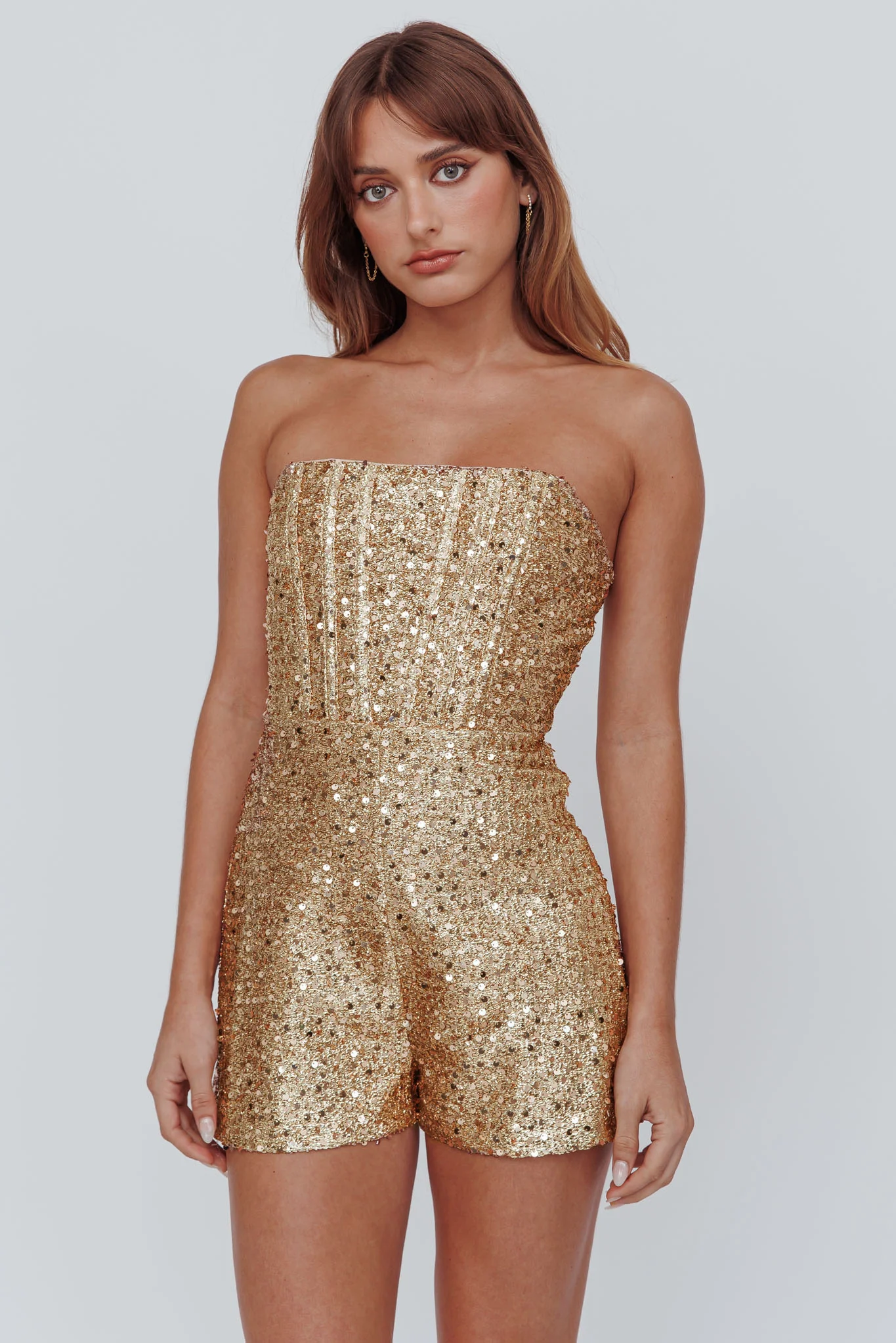 Vivid Dreams Strapless Sequin Romper Gold - Image 5