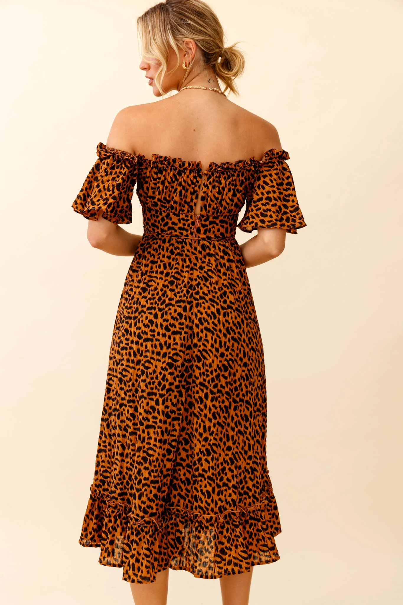 Voyager Off-Shoulder Bell Sleeve Midi Dress Leopard Print Brown - Image 5