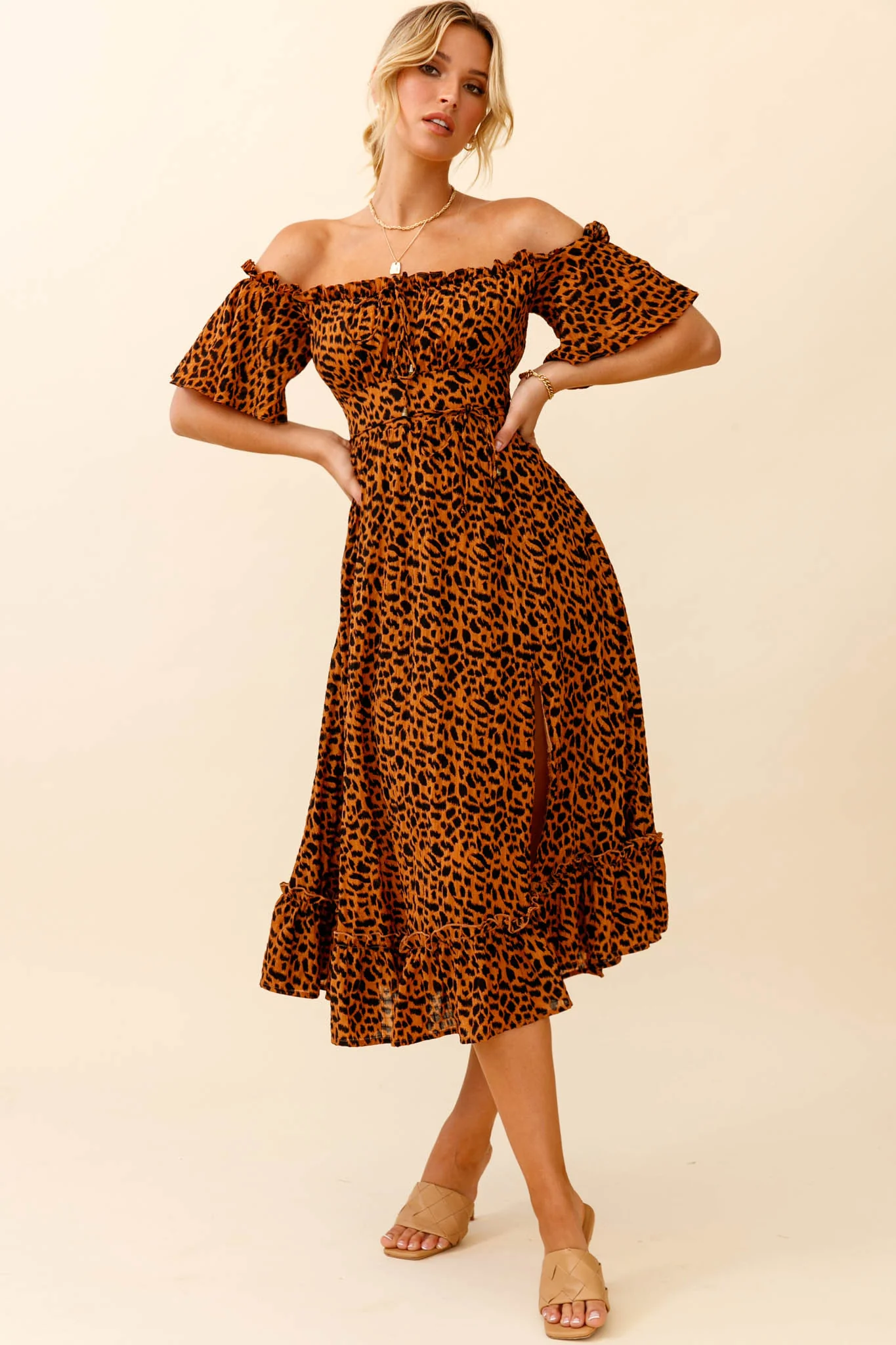 Voyager Off-Shoulder Bell Sleeve Midi Dress Leopard Print Brown - Image 8