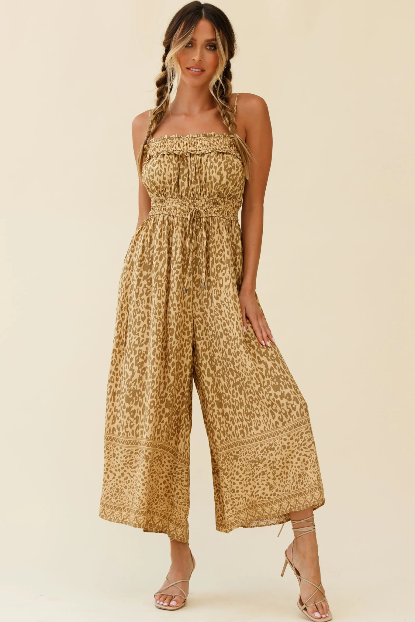 Weekend Escape Cami Strap Drawstring Jumpsuit Animal Print Khaki - Image 6