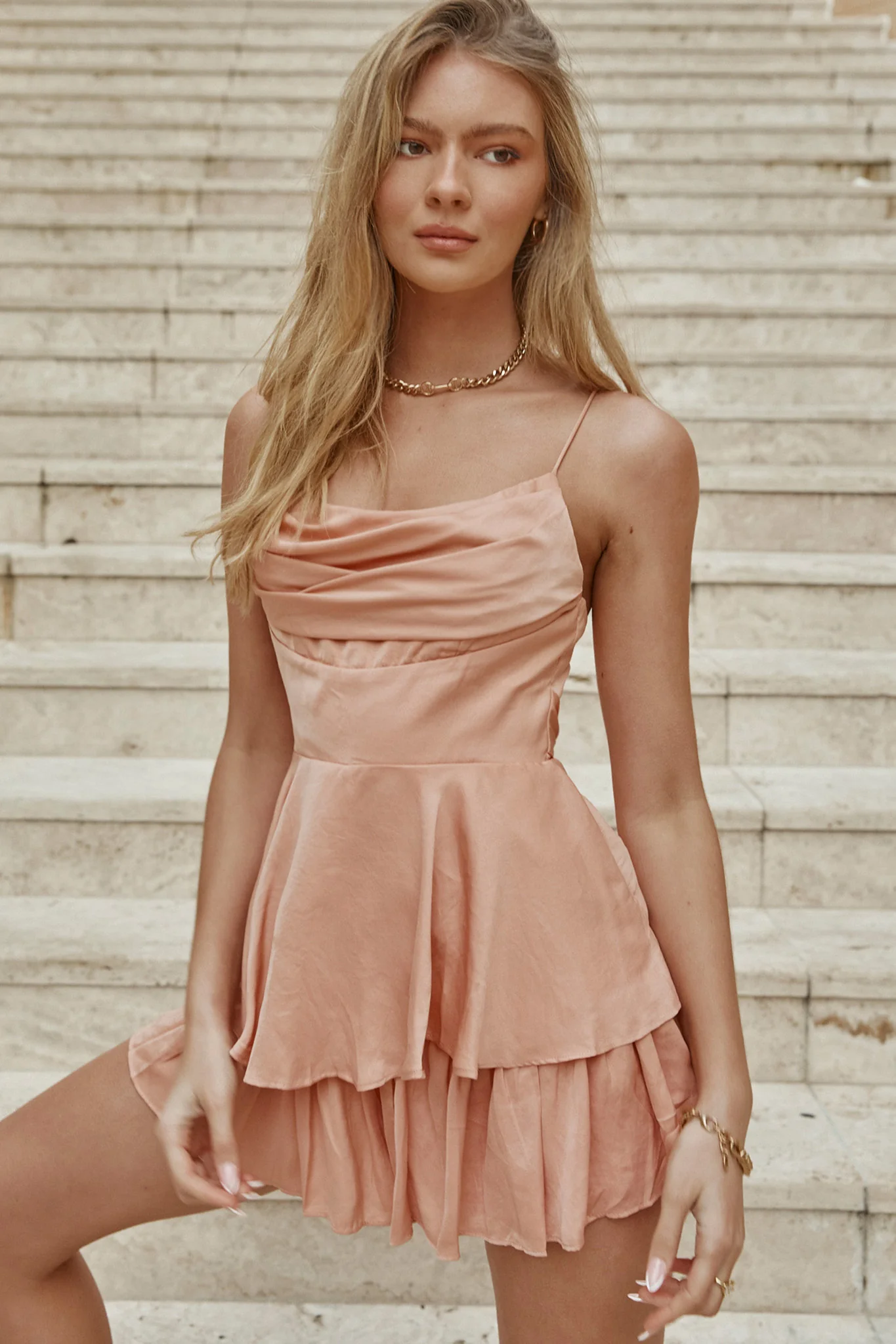 Well Versed Cowl Neck Flounce Romper Peach - Image 9
