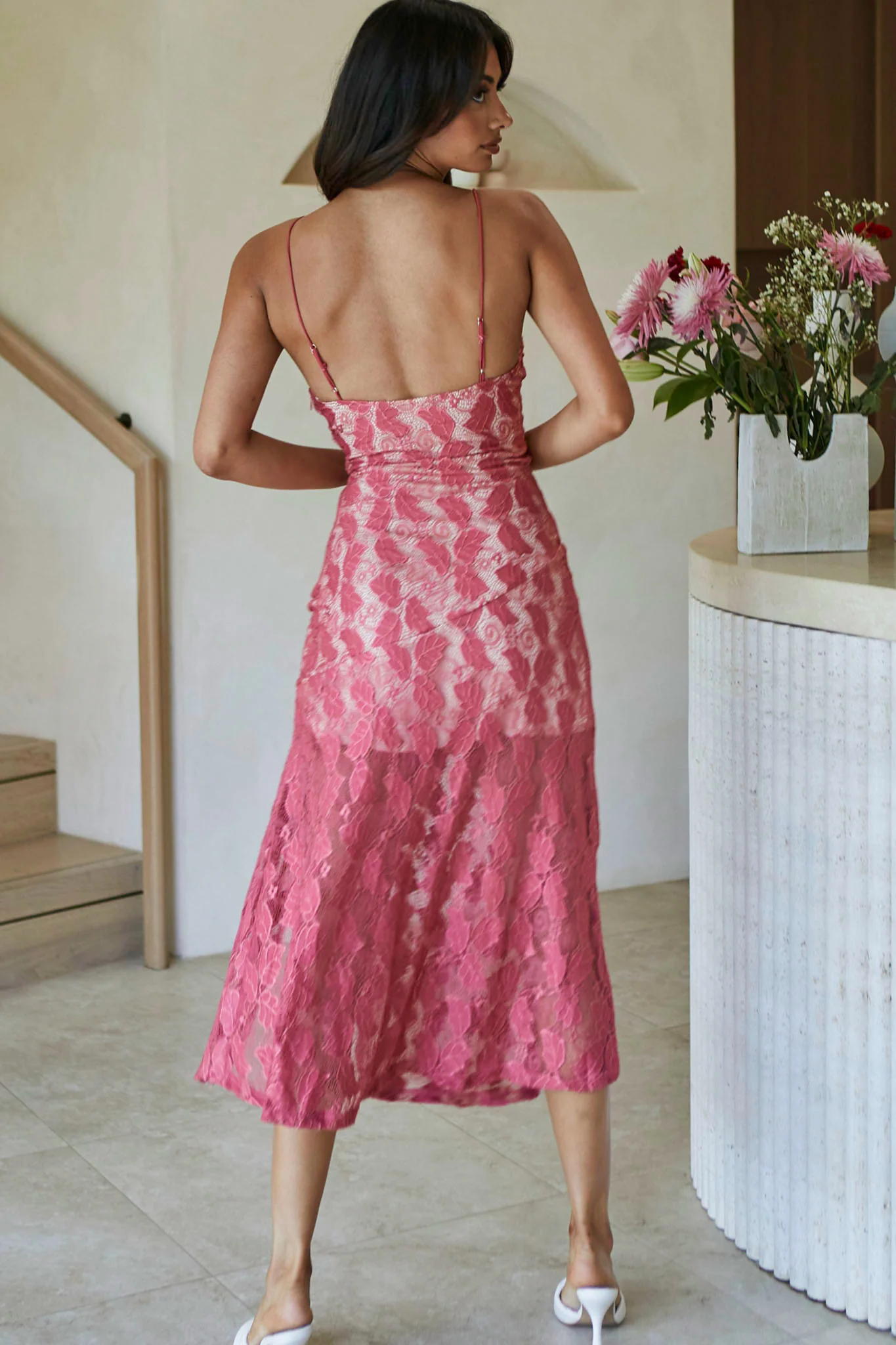 Well Versed Pleated Bust Front Split Dress Lace Rose - Image 2