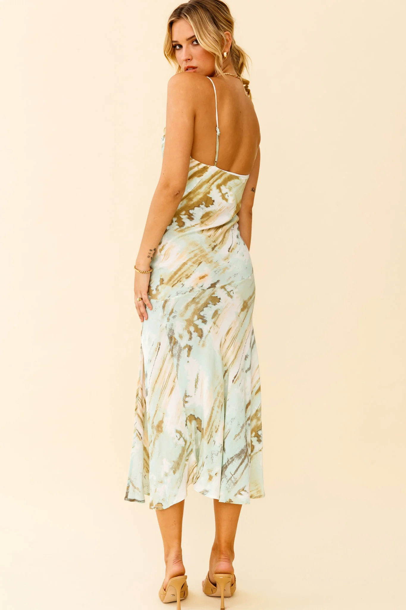 Well Versed Pleated Bust Front Split Dress Mint Multi - Image 10