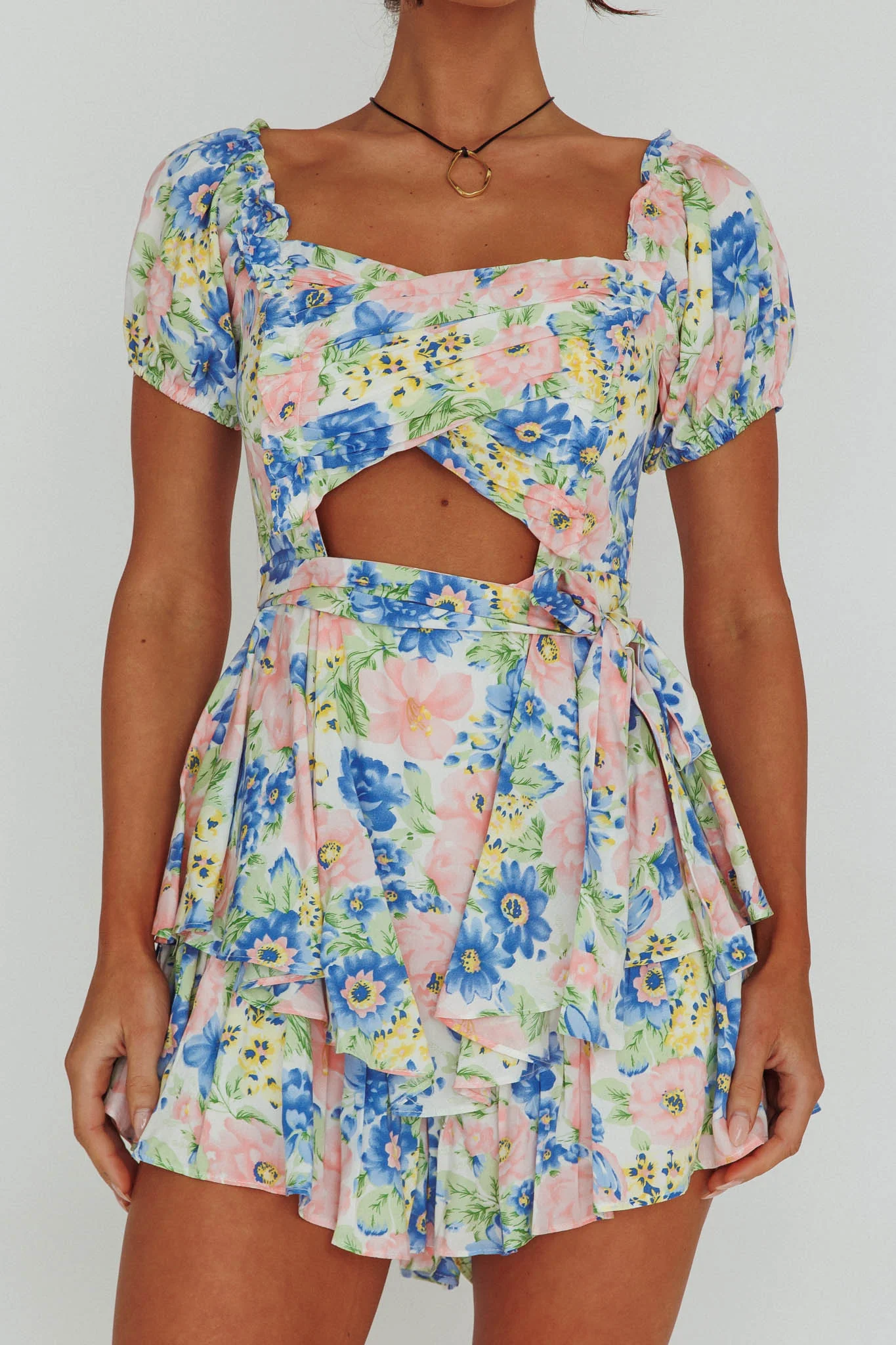 Whimsical Cut-out Bodice Romper Floral Blue - Image 4