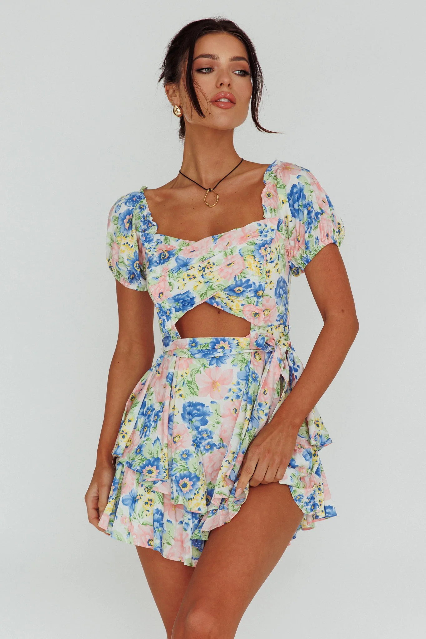 Whimsical Cut-out Bodice Romper Floral Blue - Image 6
