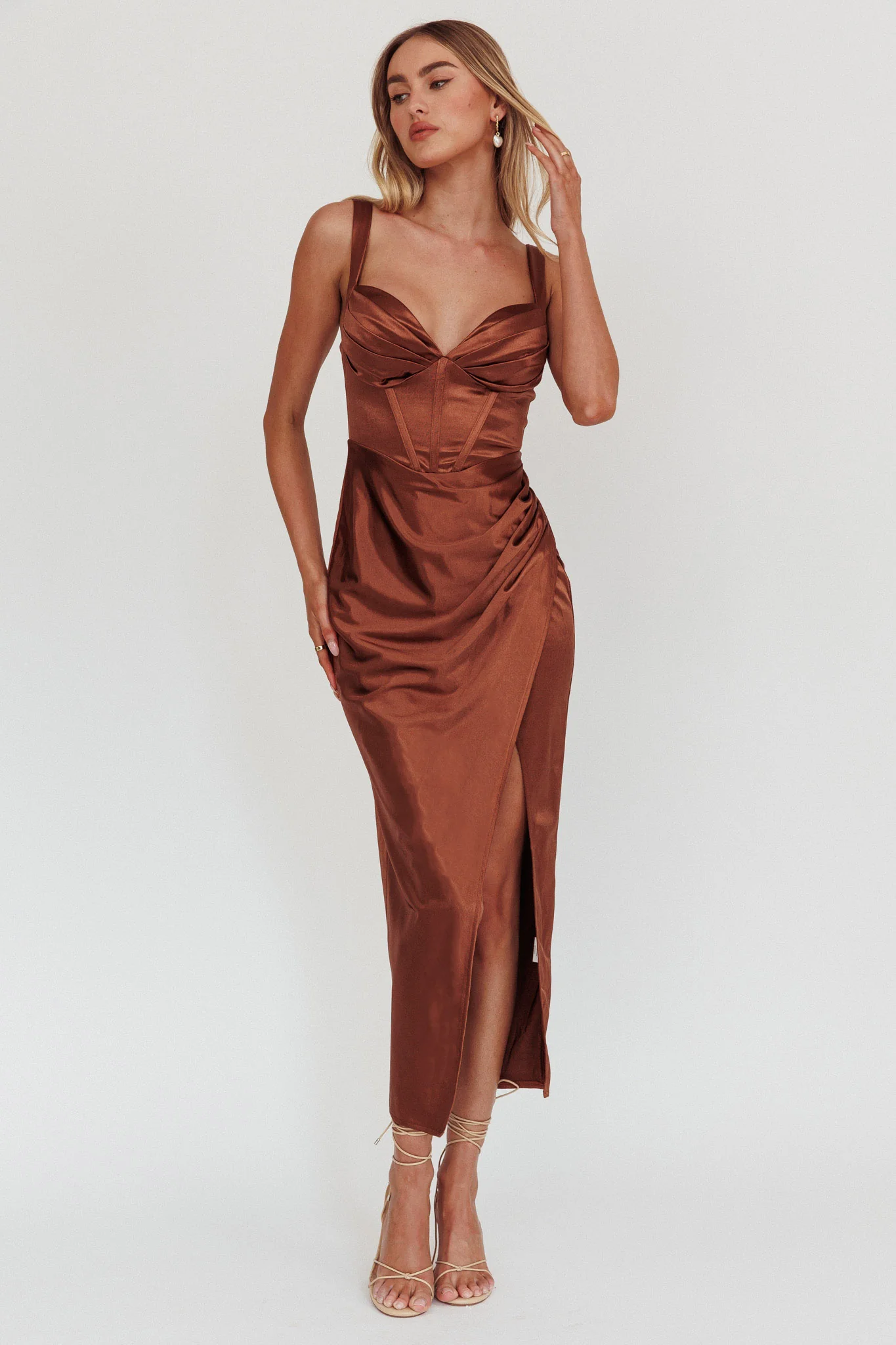 Whimsy Pleated Bust Midi Dress Chocolate - Image 4