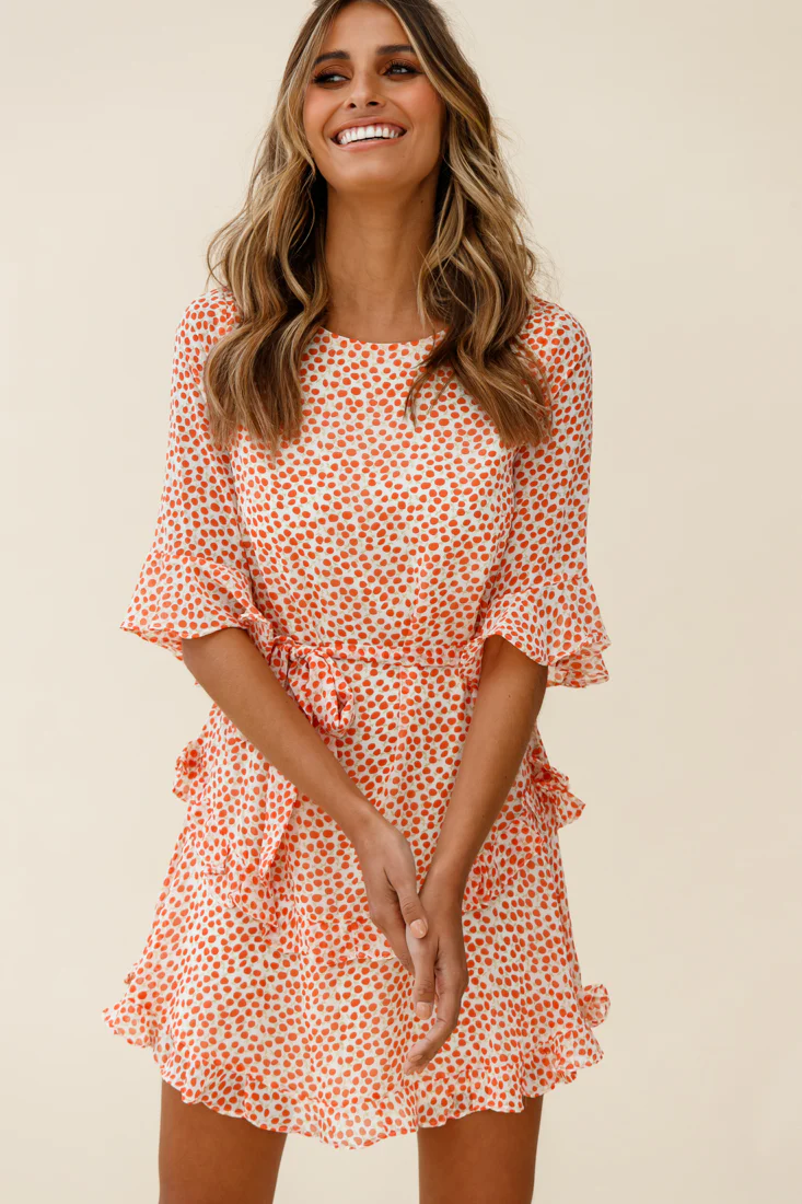 Wife Me Crew Neck Ruffle Insert Dress Polka Dot Orange - Image 6