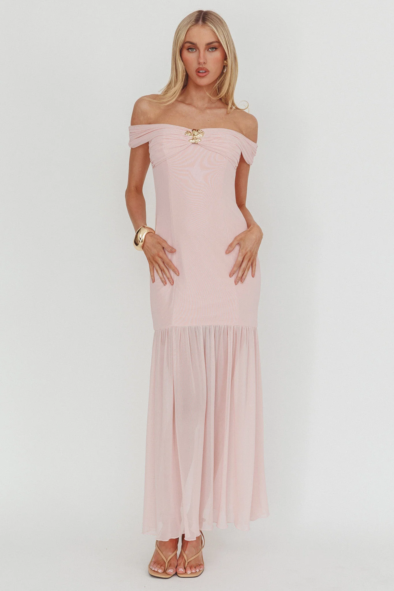 Wilma Off-Shoulder Sheer Hem Maxi Dress Pink - Image 4