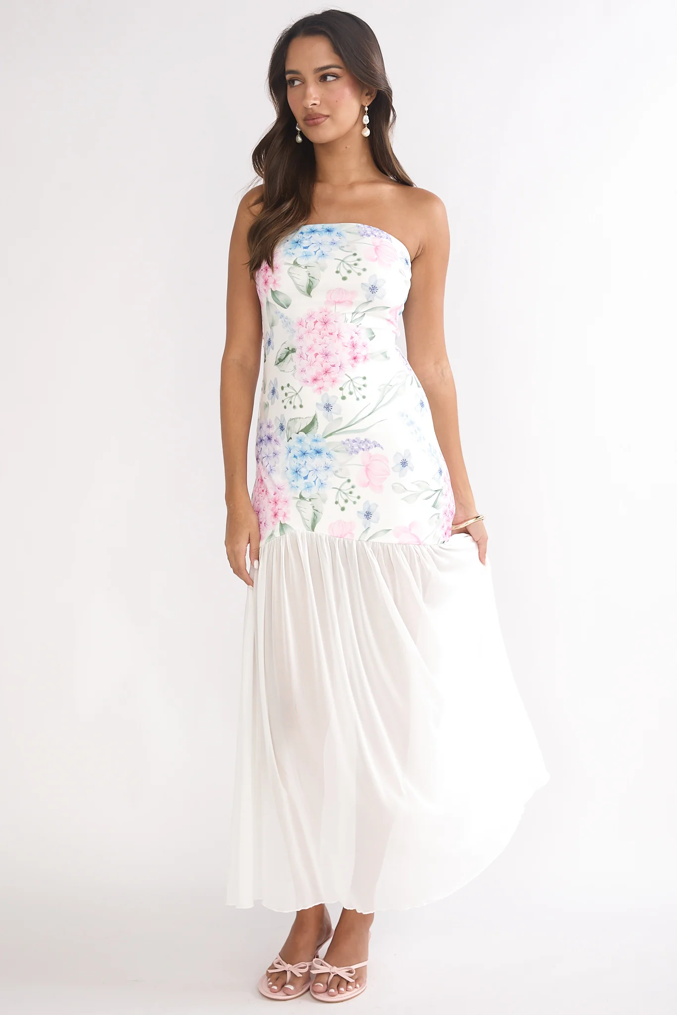 Wilma Sheer Hem Strapless Maxi Dress Flowers Blue - Image 6