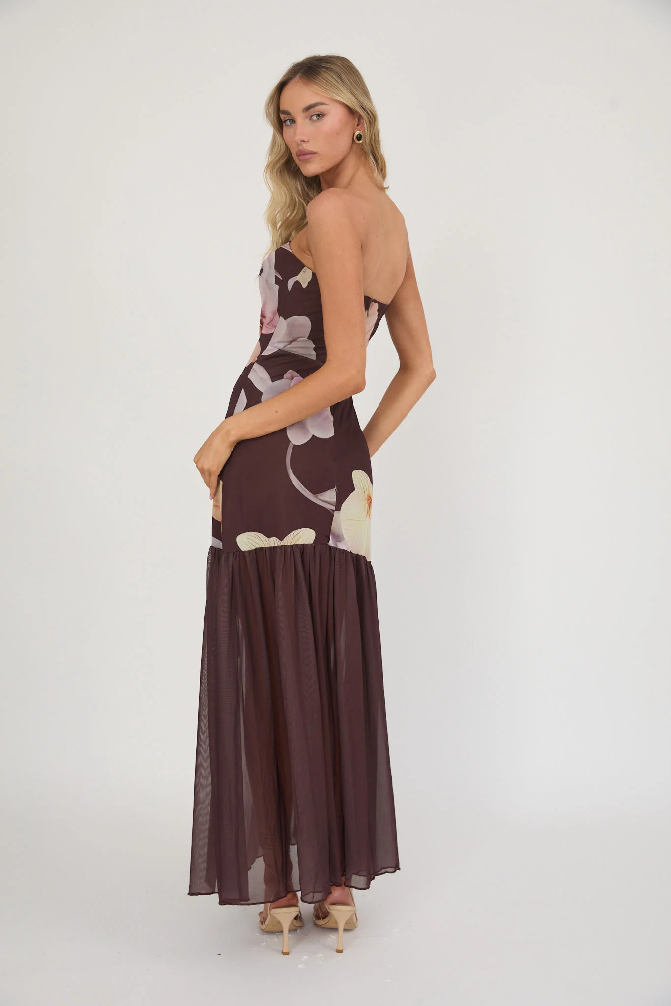 Wilma Sheer Hem Strapless Midi Dress Orchids Brown - Image 2