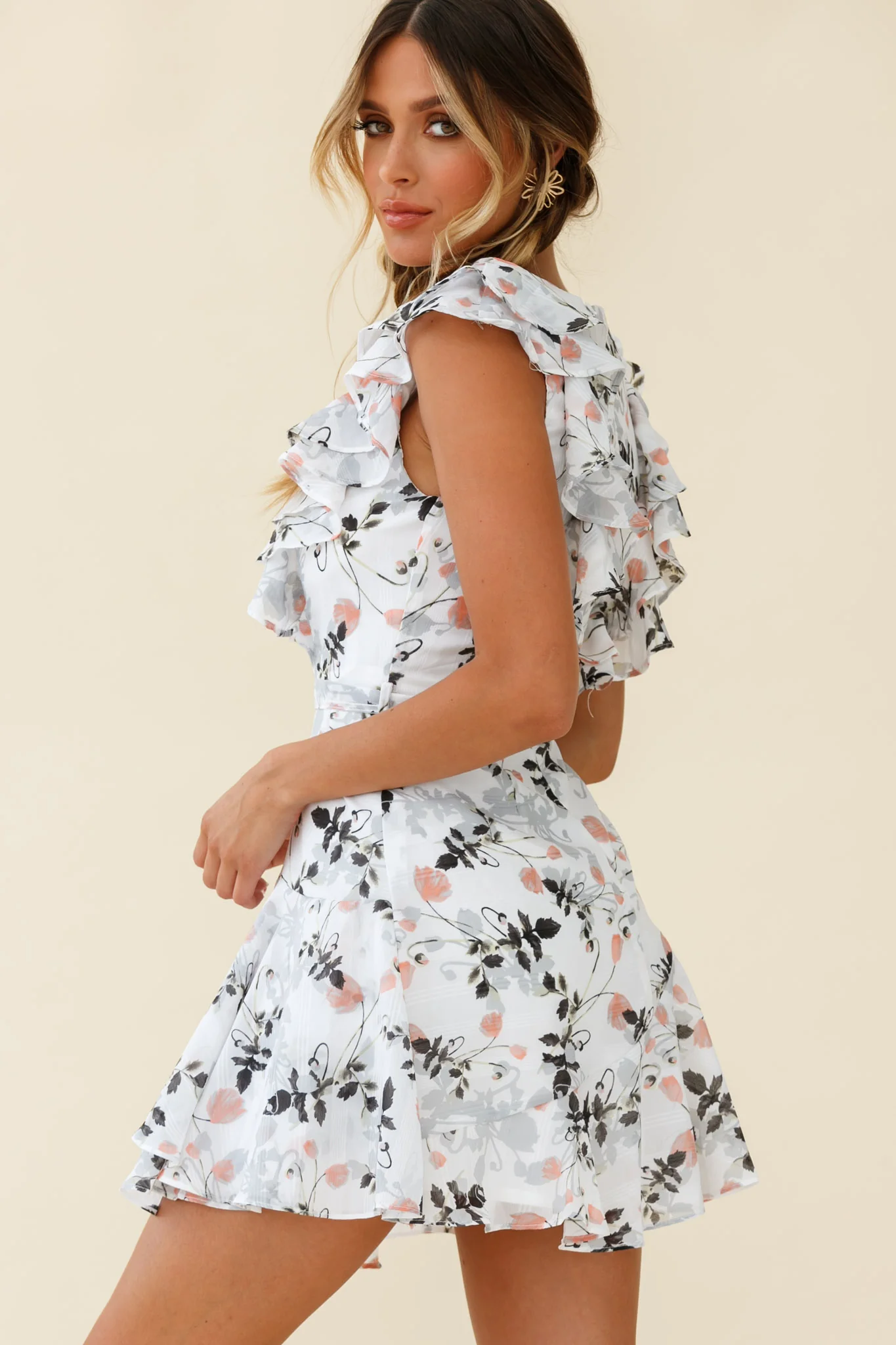 Wilton Ruffle Shoulder A-Line Dress Floral Print White - Image 3