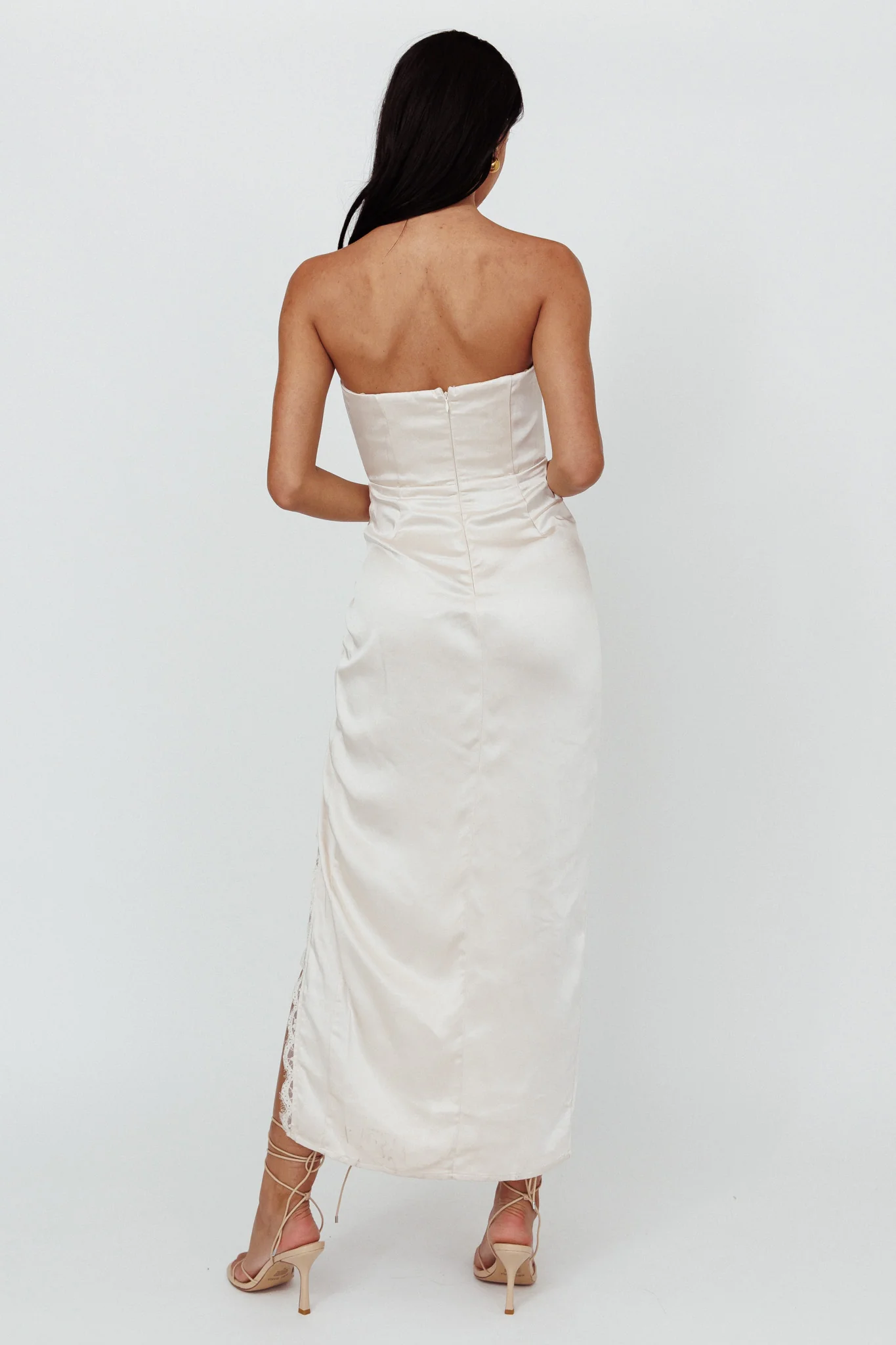 Winter Moon Strapless Lace Trim Midi Dress Champagne - Image 2
