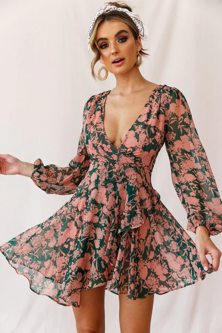 Wisteria Lane Long Sleeve Tea Dress Forest Green