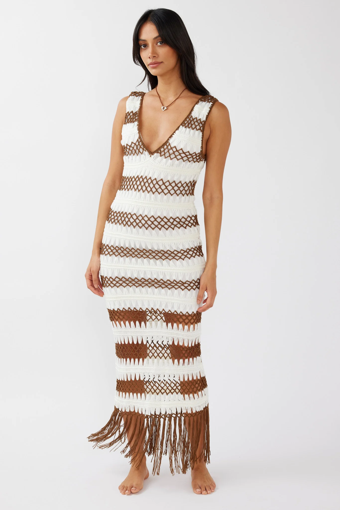 Ximena Tassel Hem Crochet Midi Dress White/Mocha - Image 5