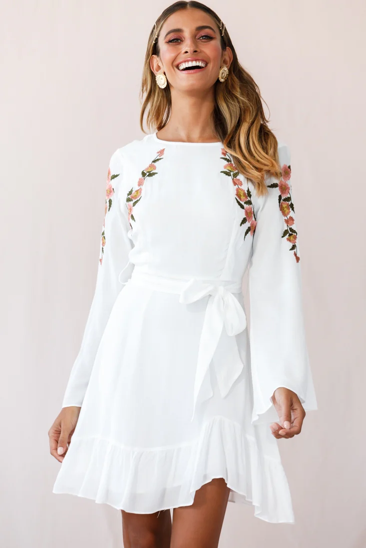 Yara Floral Embellished Fit and Flare Dress White - Image 7
