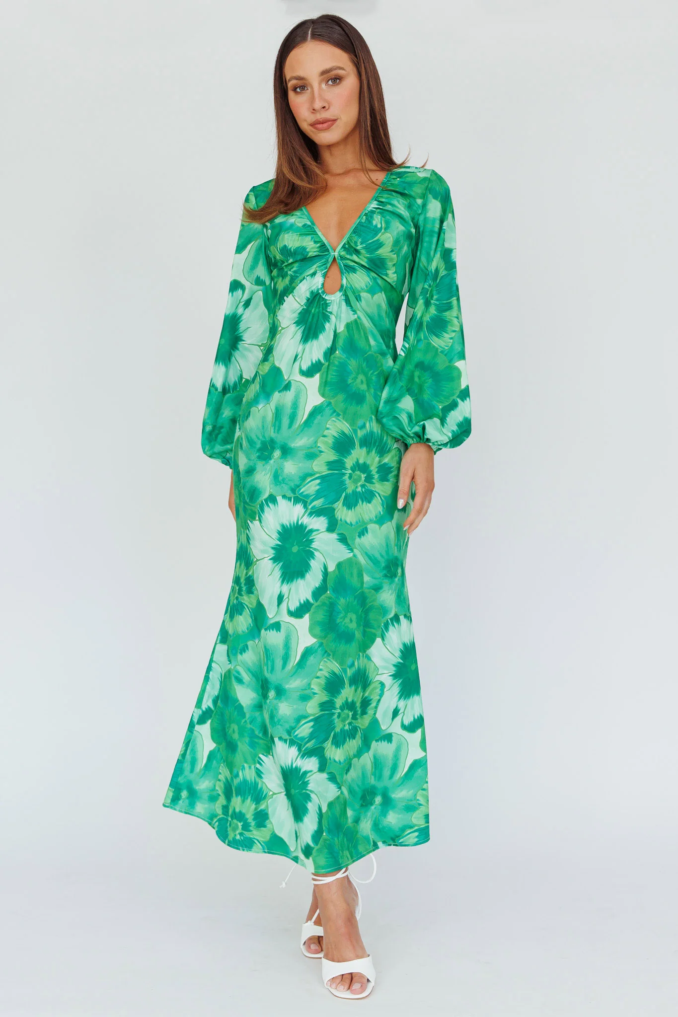 Yessica Balloon Sleeve Midi Dress Floral Green - Image 3