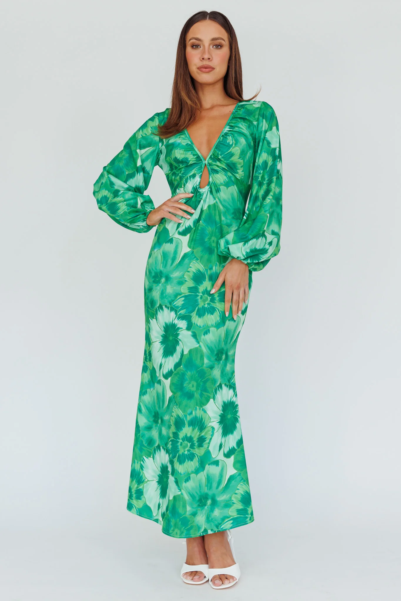 Yessica Balloon Sleeve Midi Dress Floral Green - Image 5