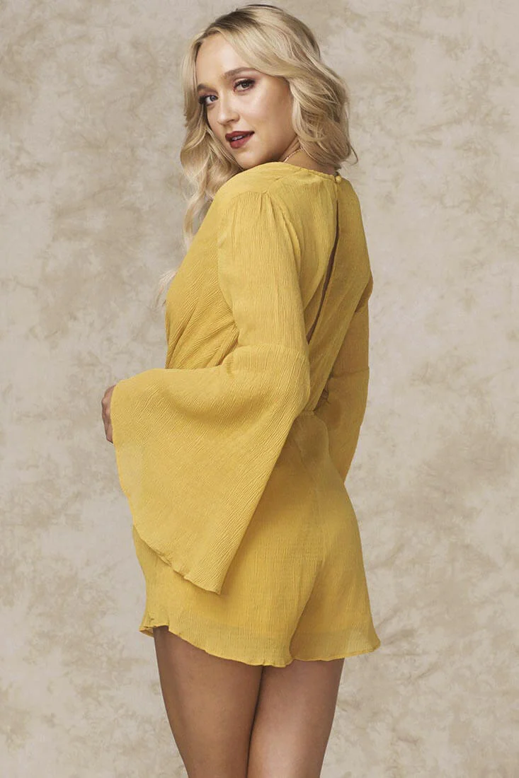 Yonce Deep V Bell Sleeve Romper Mustard - Image 3