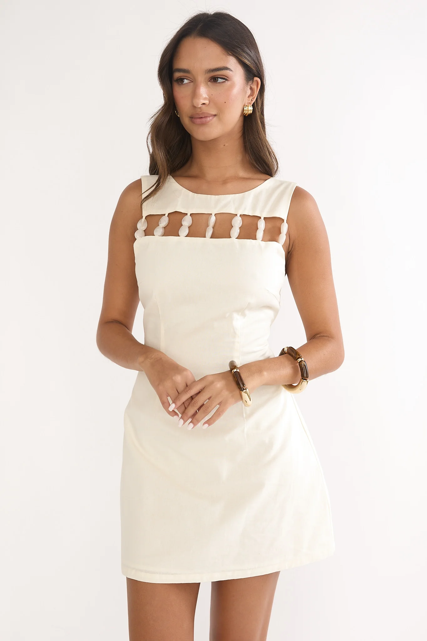 Your Knowing Cut-Out Bead Neckline Mini Dress Cream