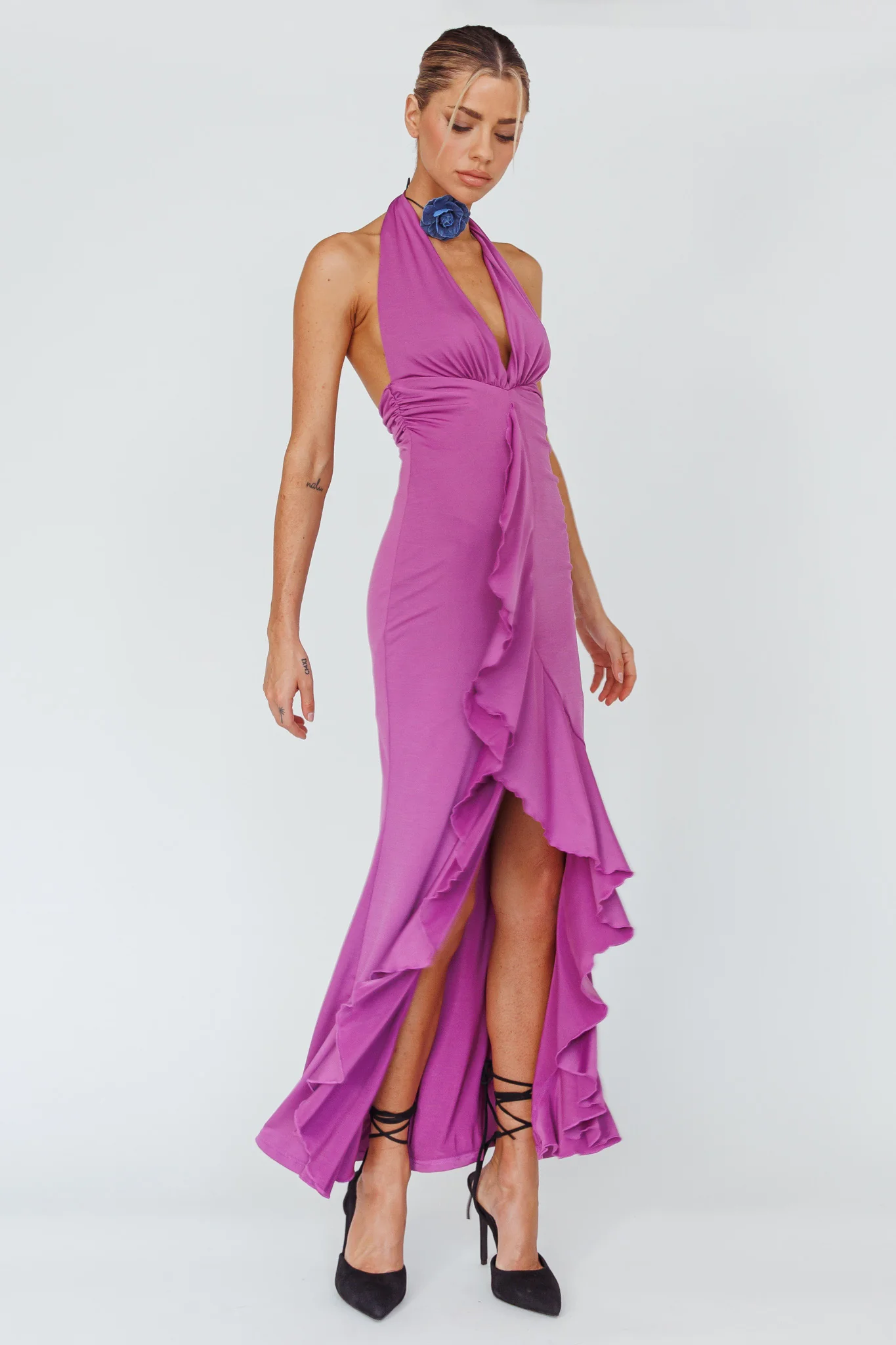Zaphirah Halterneck Ruffle Dress Magenta - Image 3