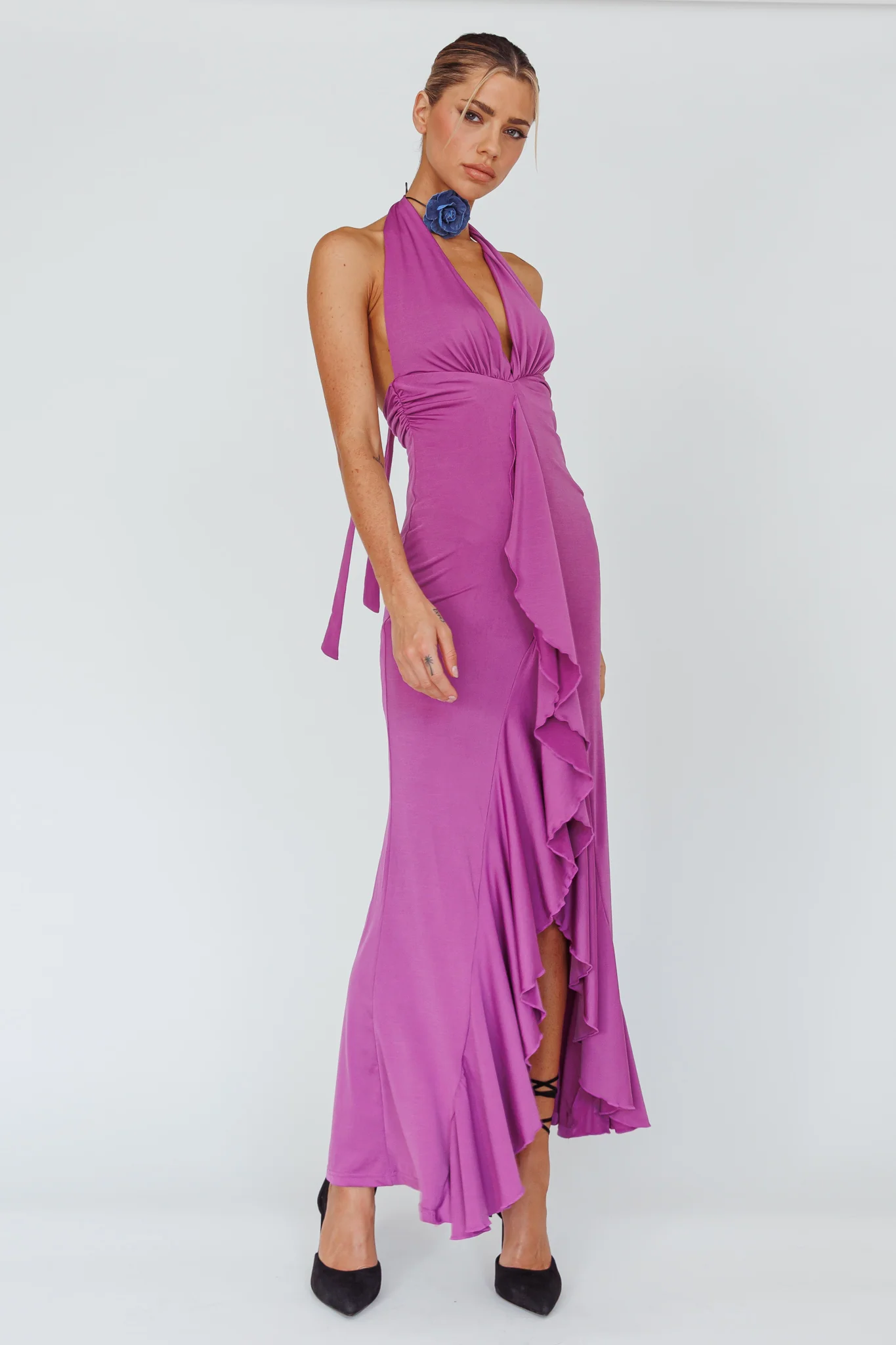Zaphirah Halterneck Ruffle Dress Magenta - Image 5