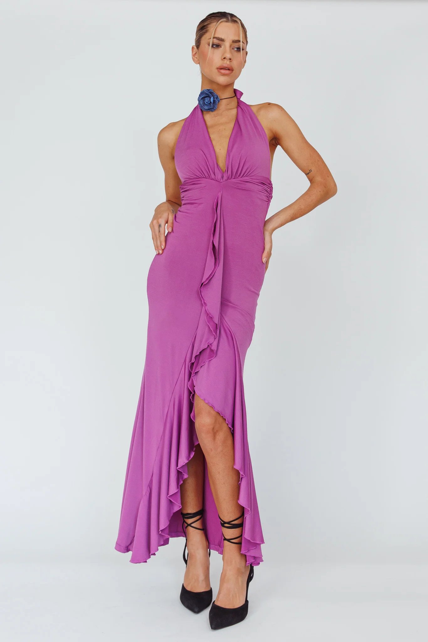 Zaphirah Halterneck Ruffle Dress Magenta - Image 6