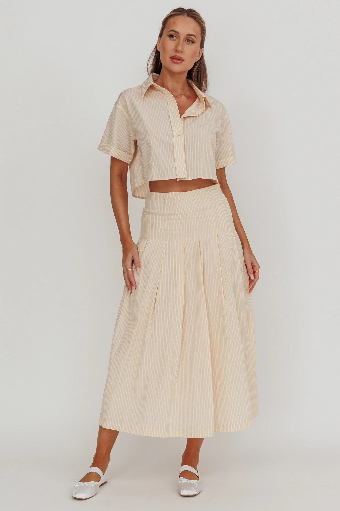Zealous Boxy Cropped Striped Shirt Beige/Off White - Image 3
