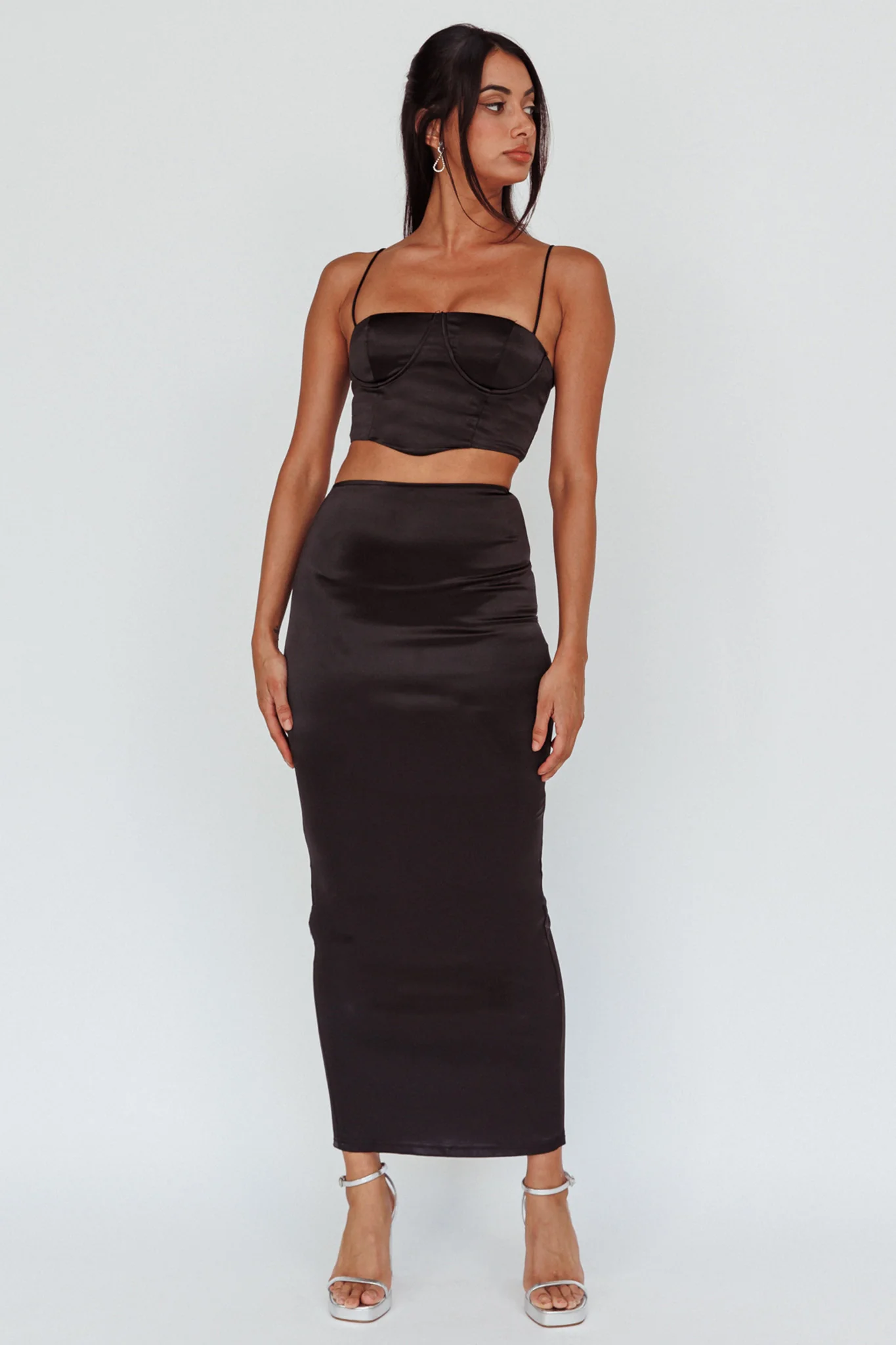Zeina Satin Midi Skirt Black - Image 3
