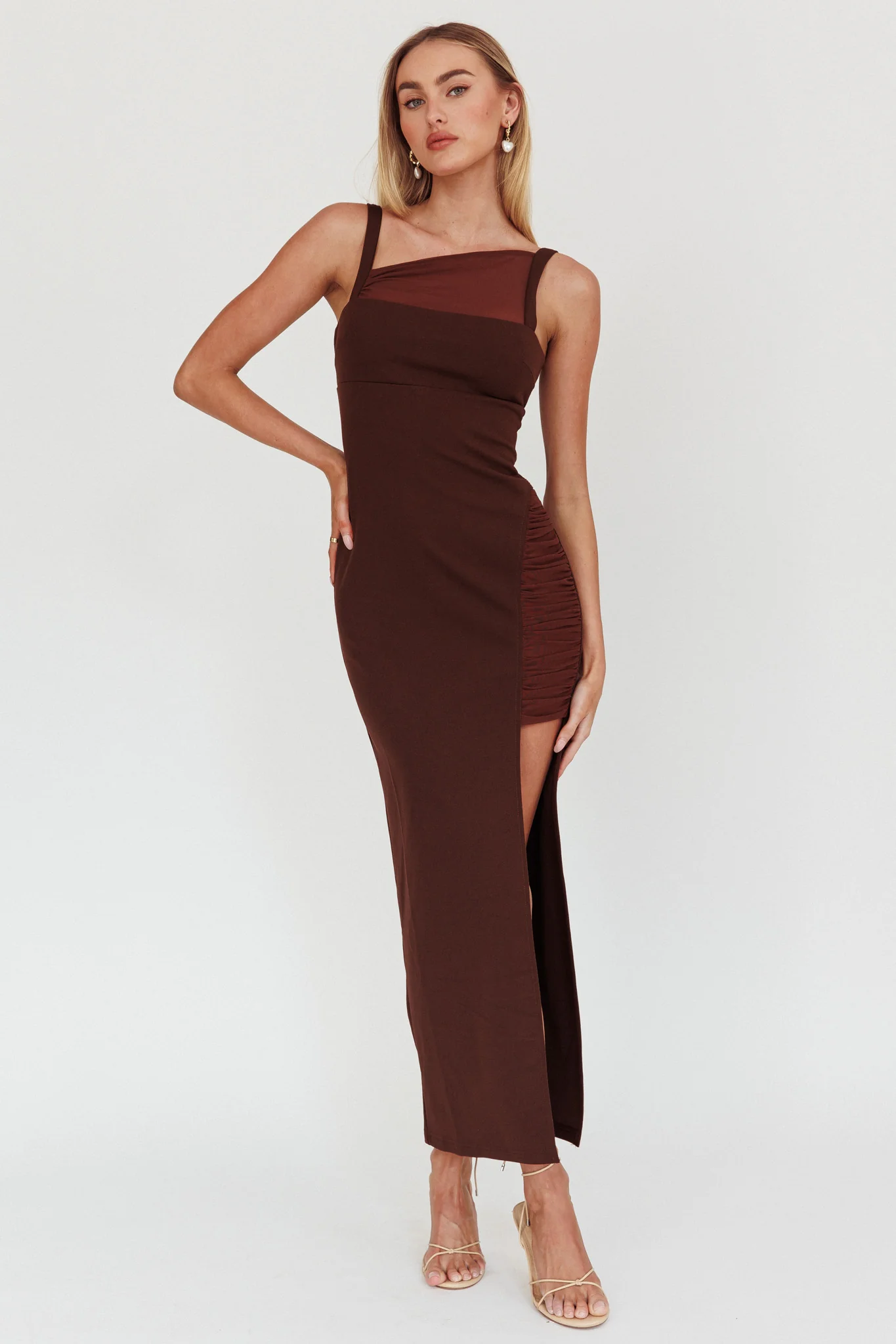 Zenya Split Ruched Maxi Dress Chocolate - Image 3
