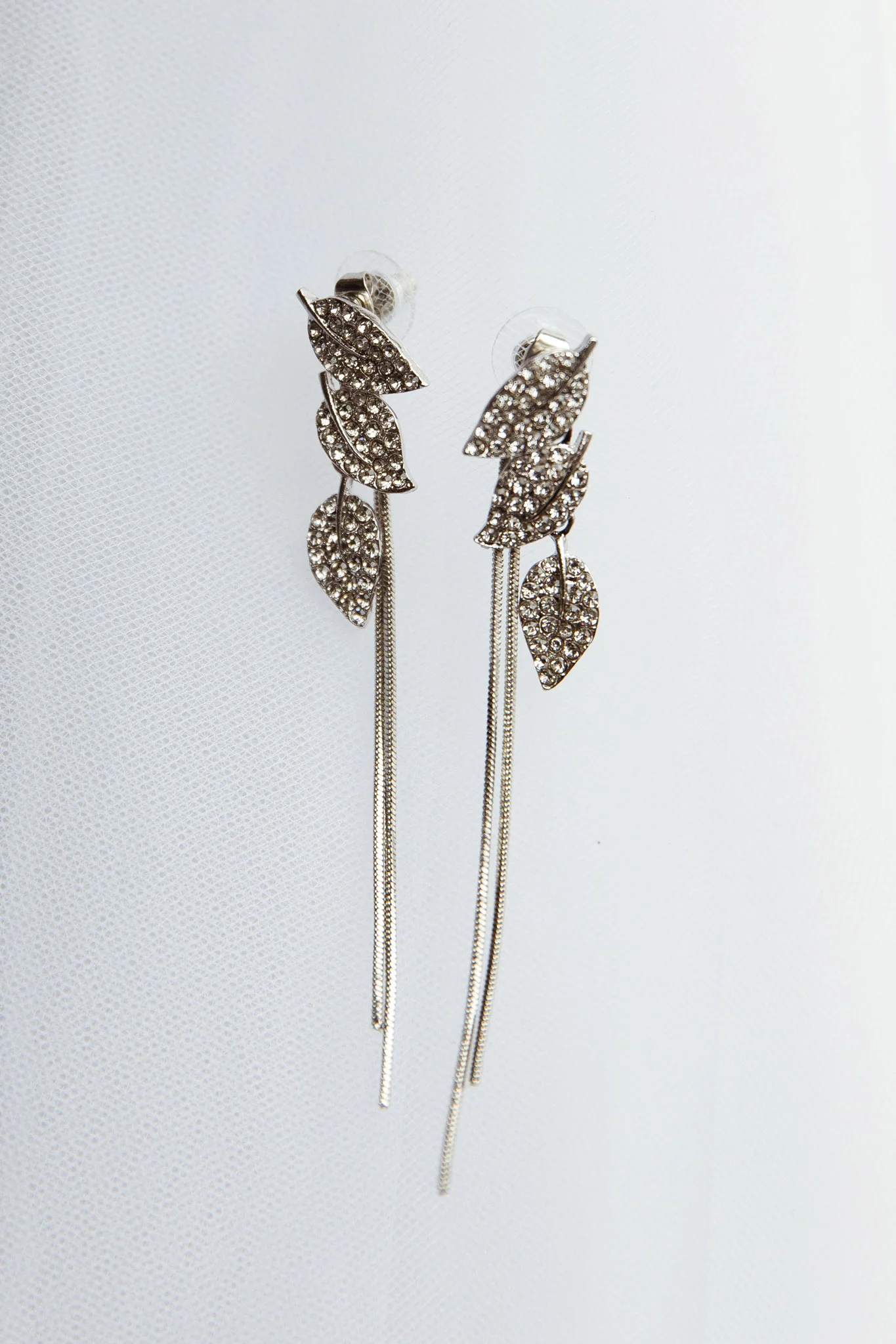 Zircon Leaves Tassel Drop Earrings Silver - Image 5