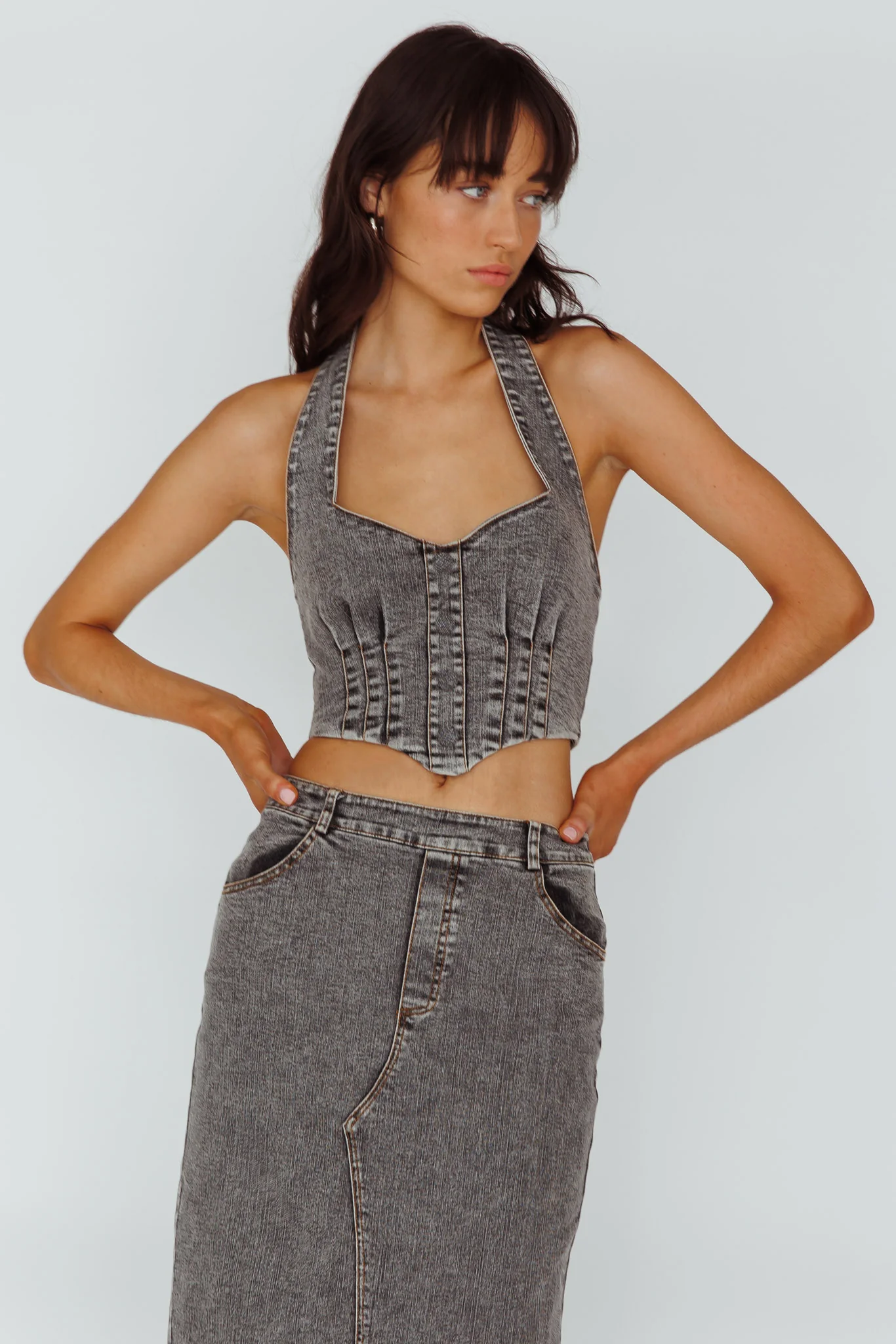 Zurich Halter Crop Top Denim Grey - Image 5