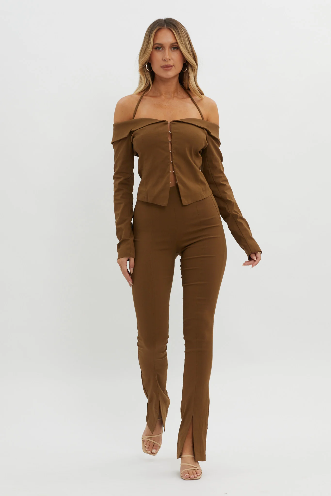 Zuzana Split Hem Flare Pants Brown - Image 5