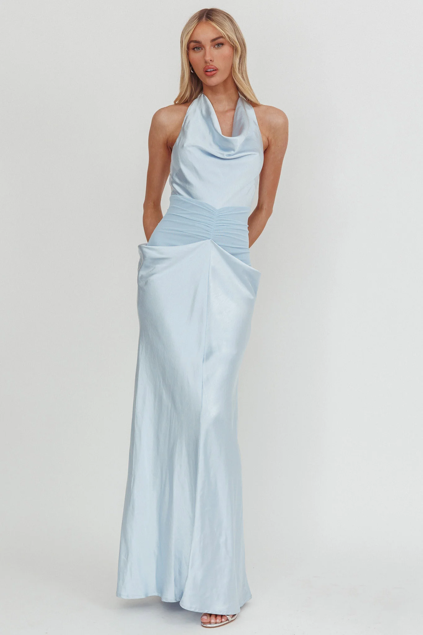 Zynthia Cowl Neck Ruched Waist Maxi Dress Ice Blue